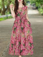 New summer thin loose plus-size mom cotton silk dress with cinched waist floral floral fashionable faux cotton skirt - Image 3