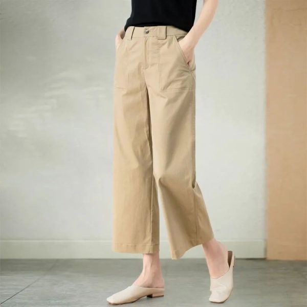 Pure cotton nine-point wide-leg pants for women, 2025 summer new loose slimming casual pants, thin high-waisted khaki pants