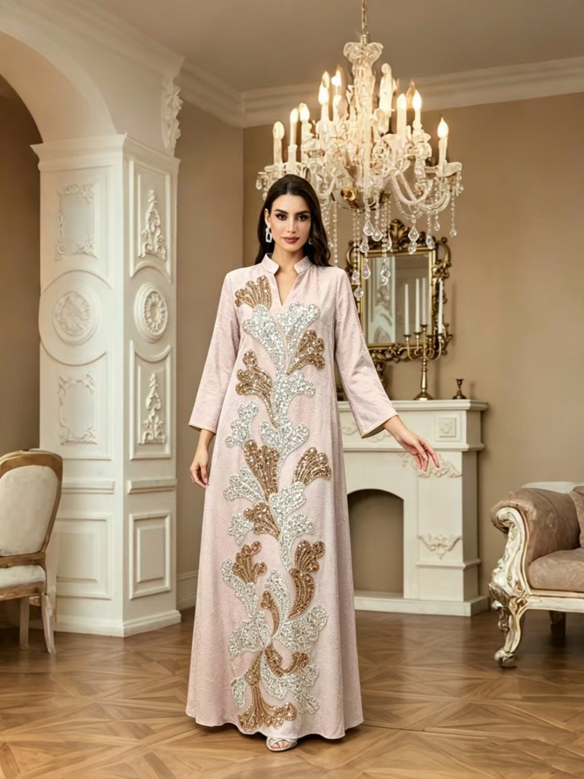 Cross-border new beaded embroidered V-neck robe dress, elegant and elegant banquet dress, long-sleeved, fashionable and loose - Image 3