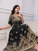 Elegant casual fashion full print women's dress, fashionable print, spring/summer shoulder sleeve long dress