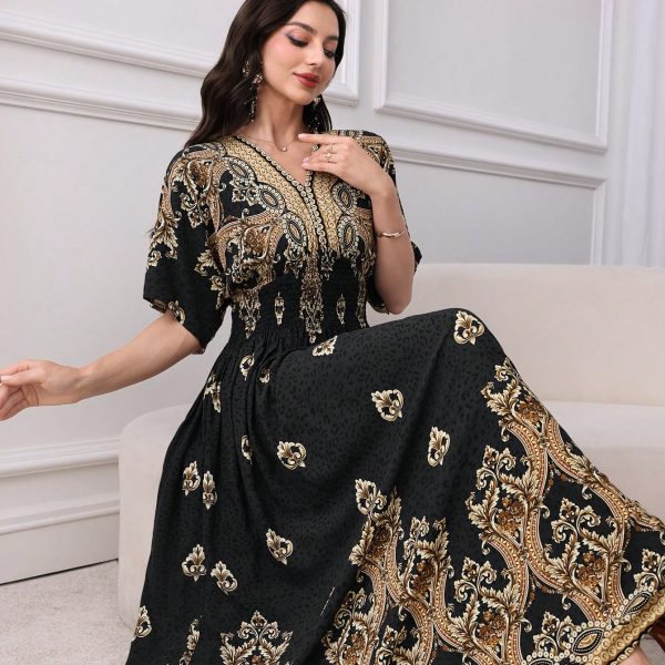 Elegant casual fashion full print women's dress, fashionable print, spring/summer shoulder sleeve long dress