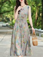 New summer thin loose plus-size mom cotton silk dress with cinched waist floral floral fashionable faux cotton skirt - Image 4