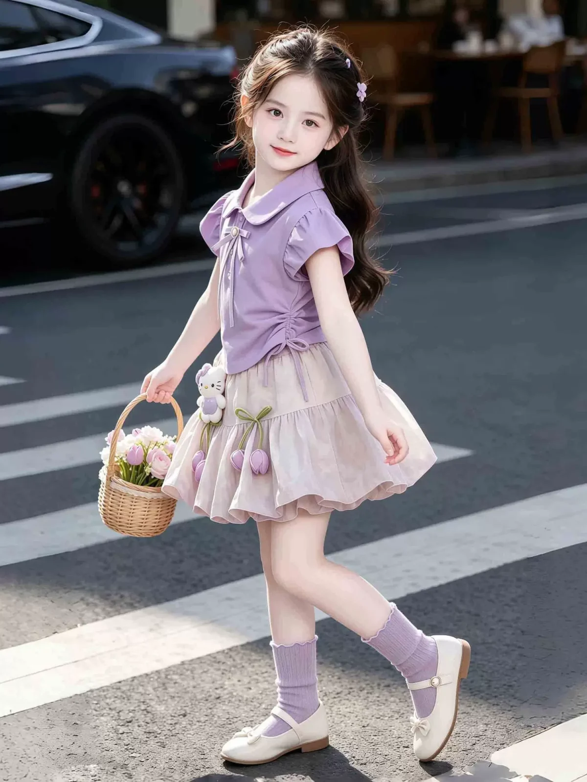 Girls' summer set 2026 new style for young and medium-sized girls, sweet and stylish fly-sleeve top, flower bud pants two-piece set - Image 2
