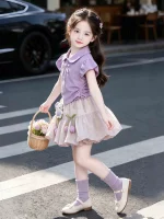 Girls' summer set 2026 new style for young and medium-sized girls, sweet and stylish fly-sleeve top, flower bud pants two-piece set - Image 2