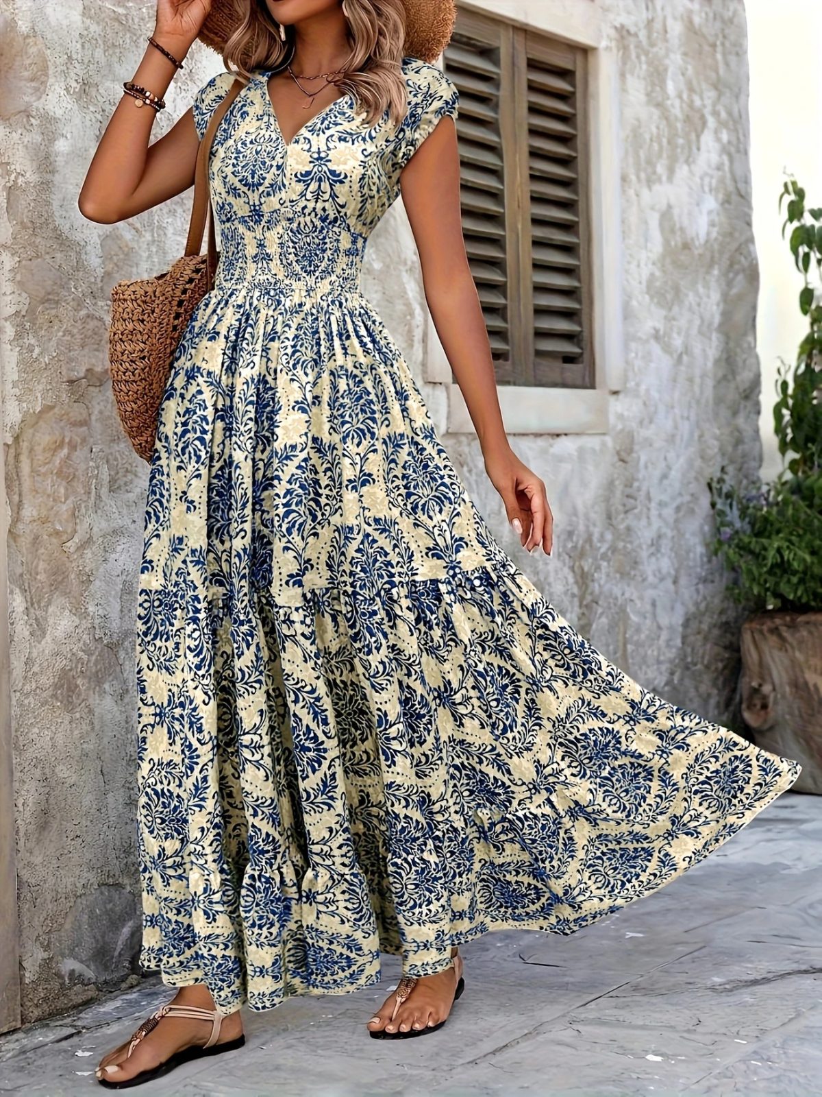 In stock 2026 Independent Site Bestselling New Printed V-Neck Waist-Cinching Long Dress European and American Cross-border Amazon Dress - Image 2