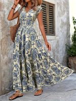 In stock 2026 Independent Site Bestselling New Printed V-Neck Waist-Cinching Long Dress European and American Cross-border Amazon Dress - Image 2