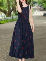 New summer thin loose plus-size mom cotton silk dress with cinched waist floral floral fashionable faux cotton skirt