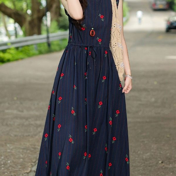 New summer thin loose plus-size mom cotton silk dress with cinched waist floral floral fashionable faux cotton skirt