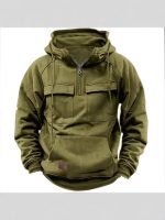 Cross-border autumn and winter new men's hooded solid color sweatshirt European and American youth sports multi-pocket patch sweatshirt jacket - Image 3