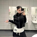 American vintage spicy girl stand-collar cropped jacket top, autumn/winter slimming versatile zipper studded top