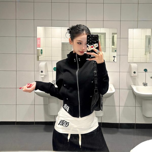 American vintage spicy girl stand-collar cropped jacket top, autumn/winter slimming versatile zipper studded top