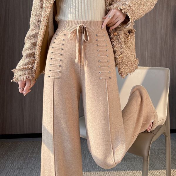 Rhinestone palace-style knit wide-leg pants for women, 2025 autumn/winter new elegant high-waist casual straight-leg floor-length pants