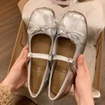 Soft leather version ~ 5cm inner height increase new Mary Jane girl cute bow ballerina shoes silver shoes - Image 4