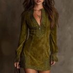 2025 European and American Clothing Amazon Independent Station Zipper Lace Stitching V-Neck Long Sleeve Loose Embroidery Dress - Image 2