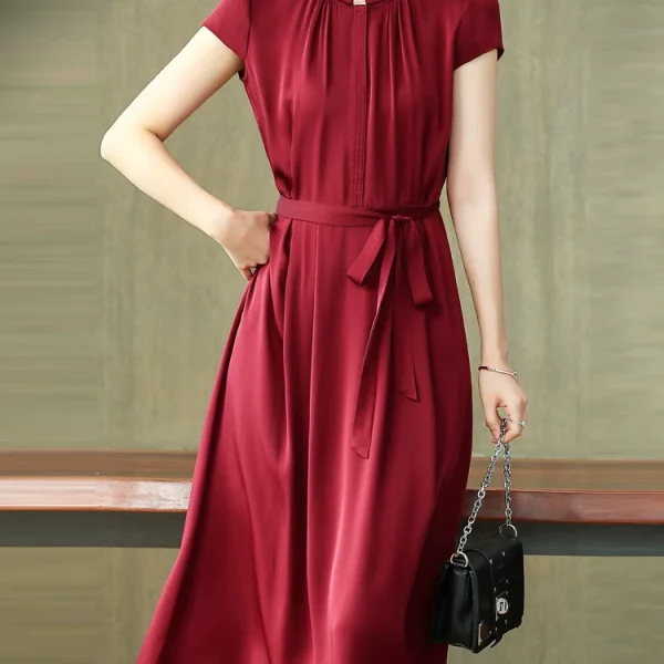 Heavy slimming red lace-up silk dress women's mid-length 2026 summer new mulberry silk skirt