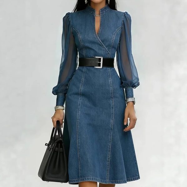 2026 spring/summer new European and American cross-border long-sleeve stand-neck waist-cinching long-sleeve denim dress